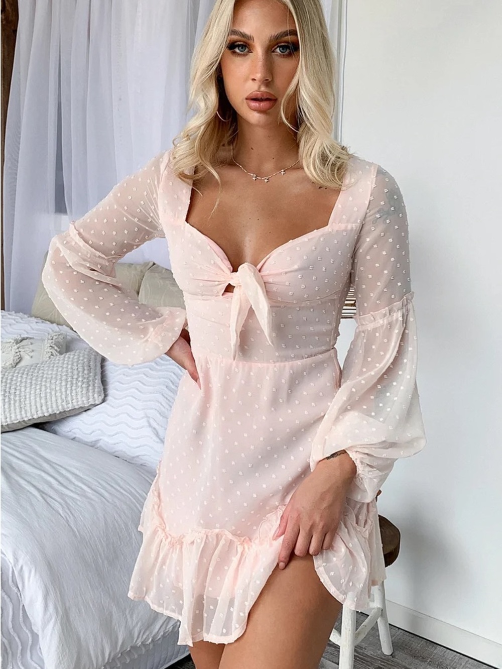 That’s so Fetch Caryn Chiffon Tie-Front Mini Dress Pale Pink